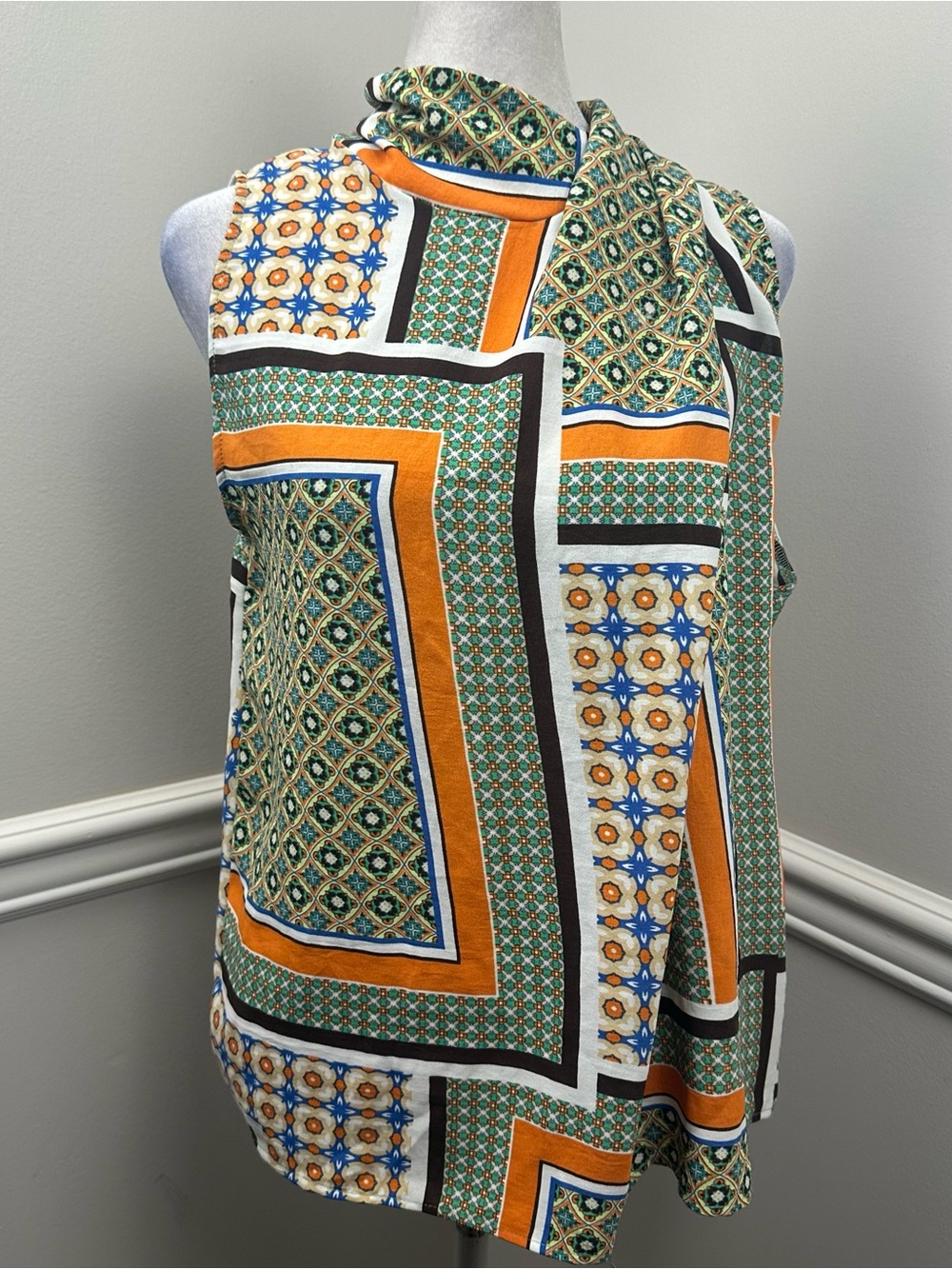 Zara Orange Green Geometric Mock Neck Sleeveless Blouse Top S